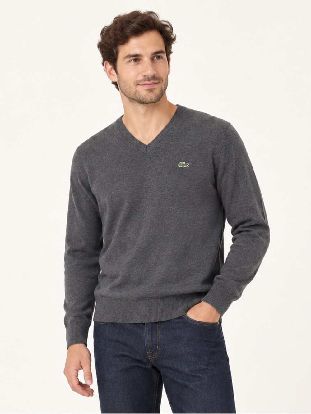 Lacoste Men’s Size 4 Medium Charcoal Gray V-Neck Long Sleeve Knit Sweater